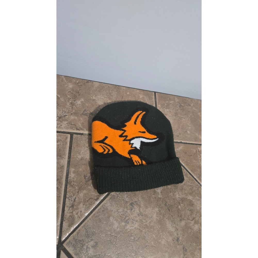 Forest Green Knit Beanie Hat Orange Fox Sleeping Animal Winter Cap Skully
